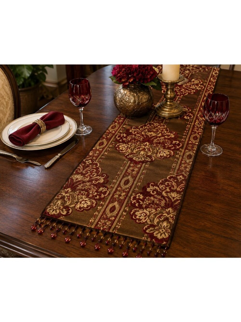 Vintage Bombay Company Silk Velvet Tapestry Table Runner Beaded Fringe Red Gold - Picture 5 of 5